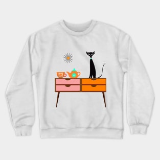 Mid Century Cat with a Cup of Tea Sitting on a Retro Table. Crewneck Sweatshirt